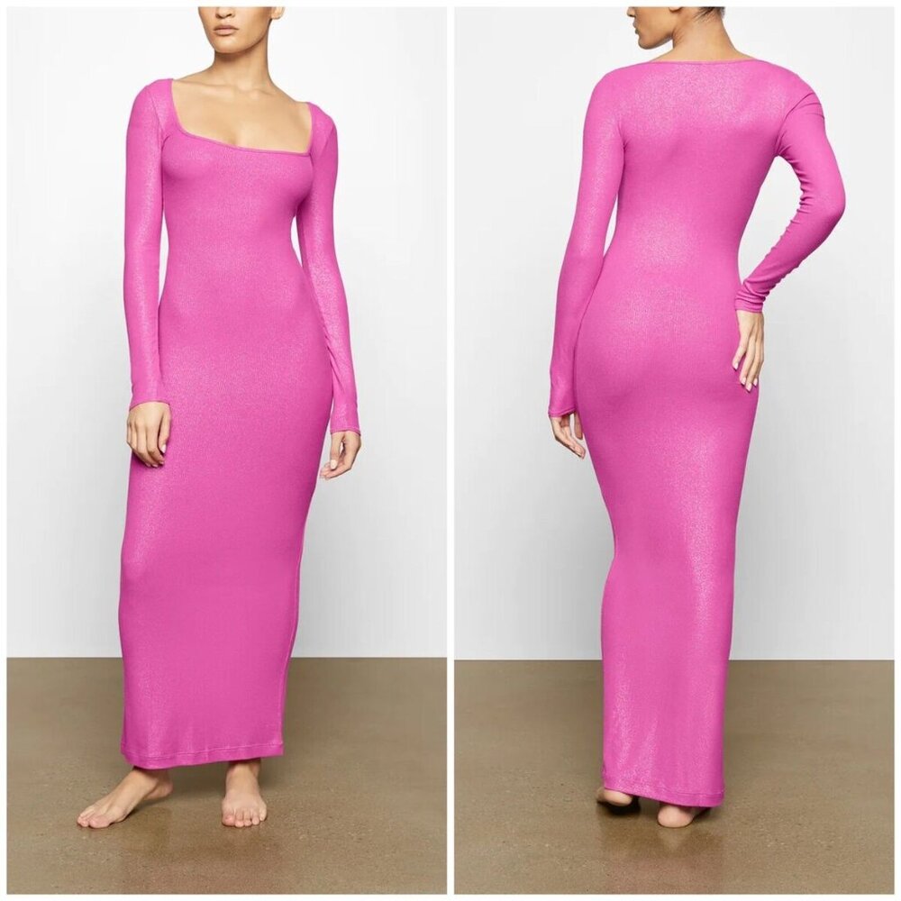 SKIMS Fuchsia Foil Shimmer Long Sleeve Dress - NWT - Size M